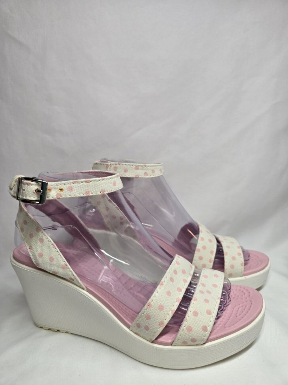 Crocs Leigh Graphic Wedge Sandals Women's Size 8 White Pearl Pink Polka Dot Y2K